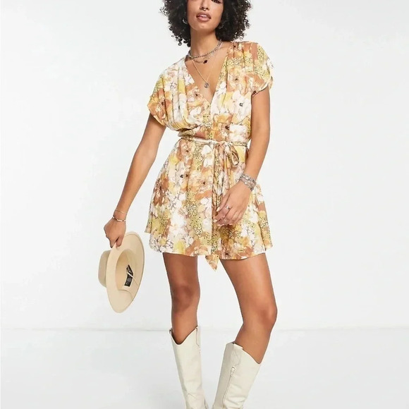 Free People tie waist mini dress in cocoa floral size XS - Picture 1 of 10